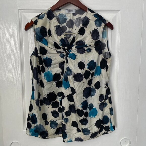 VTG Moschino Cheap and Chic Splattered Dots Blue White Silk Sleeveless Top 8 - Picture 1 of 5